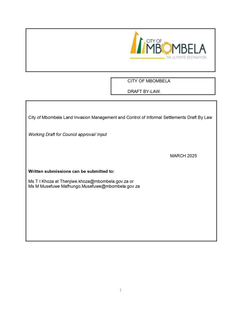 background image of a document related to land invasion and informal settlement by-laws in Mbombela