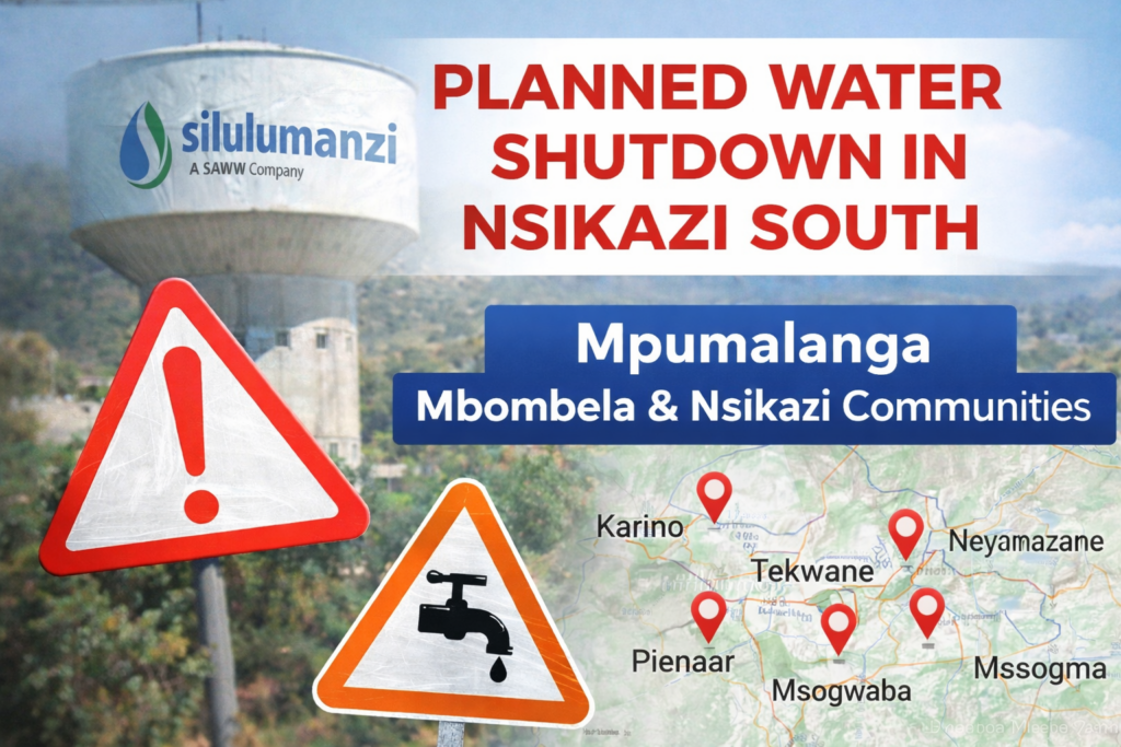 Planned water shutdown in Nsikazi South Mpumalanga affecting Karino, Tekwane, Msogwaba and surrounding Mbombela communities